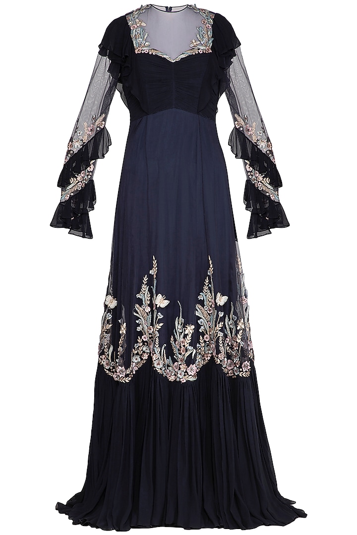 Midnight Blue Floral Embellished Gown by VIVEK PATEL