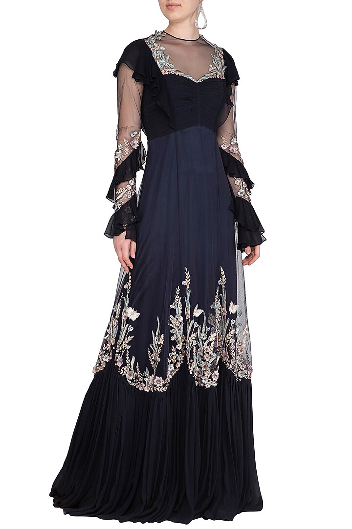 Midnight Blue Floral Embellished Wedding Gown by Vivek Patel at Pernia's Pop Up Shop