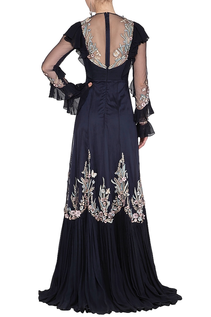 Midnight Blue Floral Embellished Wedding Gown by Vivek Patel at Pernia's Pop Up Shop