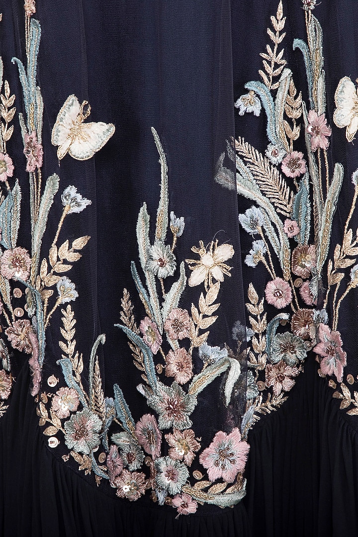 Midnight Blue Floral Embellished Wedding Gown by Vivek Patel at Pernia's Pop Up Shop