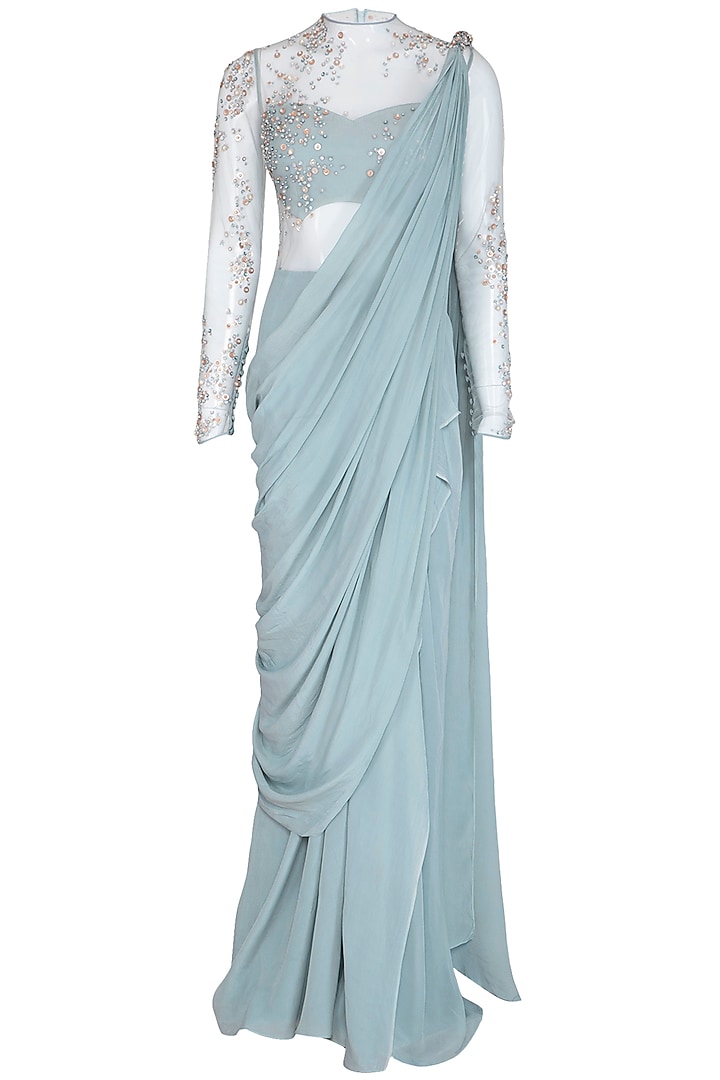 Frost Blue Embellished Ruffled Saree Gown by VIVEK PATEL