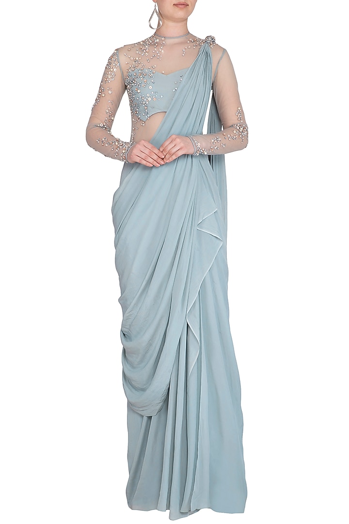 Frost Blue Embellished Ruffled Wedding Saree Gown by Vivek Patel at Pernia's Pop Up Shop