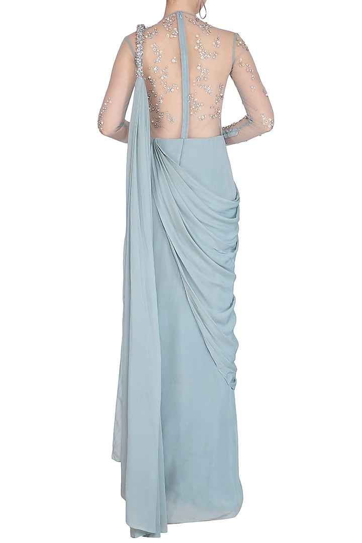 Frost Blue Embellished Ruffled Wedding Saree Gown by Vivek Patel at Pernia's Pop Up Shop