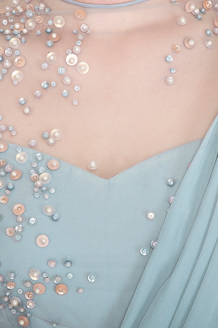 Frost Blue Embellished Ruffled Wedding Saree Gown by Vivek Patel at Pernia's Pop Up Shop
