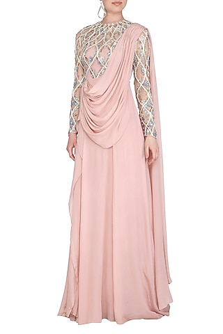 Pink Radial Wave Embroidered Saree Gown by Vivek Patel
