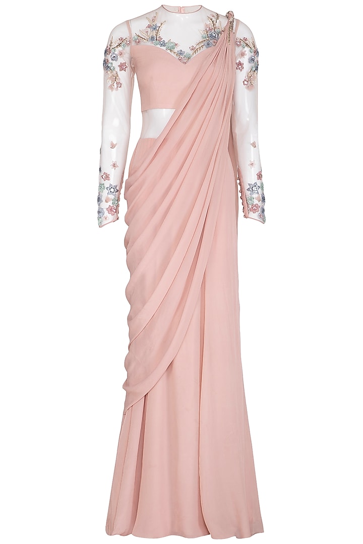 Pearl Pink Floral Embroidered Saree Gown by VIVEK PATEL at Pernia's Pop Up Shop