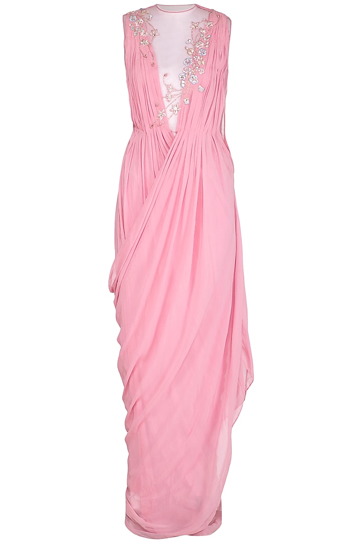 Salmon Pink Cross Grecian Embroidered Saree Gown by VIVEK PATEL