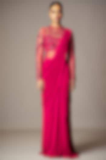 Fuschia Embroidered Wedding Saree Gown Set by Vivek Patel at Pernia's Pop Up Shop