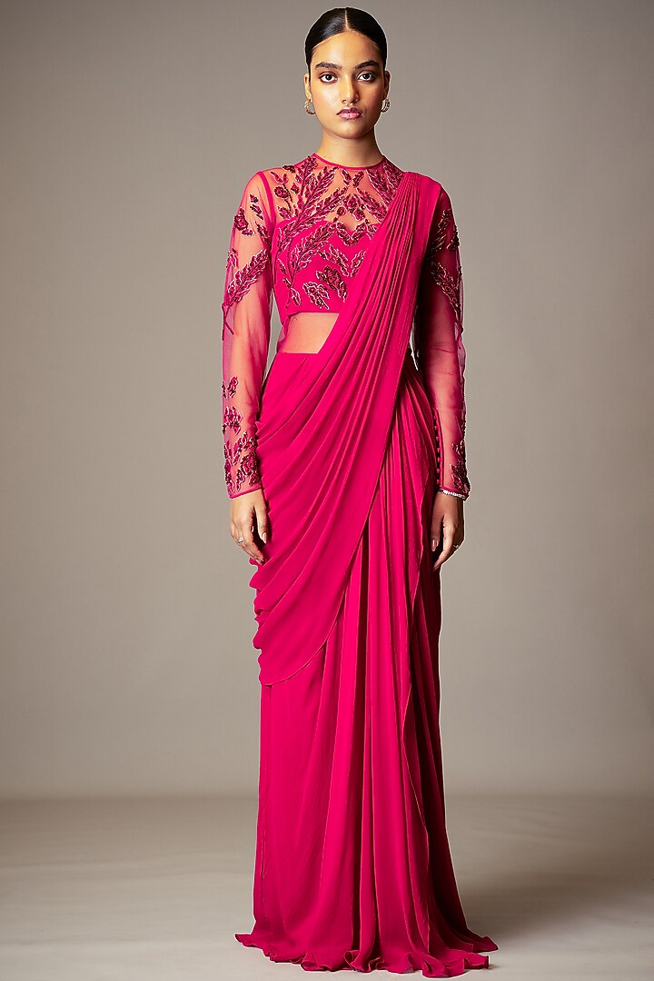Fuschia Embroidered Wedding Saree Gown Set by Vivek Patel at Pernia's Pop Up Shop