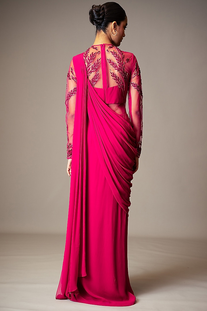Fuschia Embroidered Wedding Saree Gown Set by Vivek Patel at Pernia's Pop Up Shop