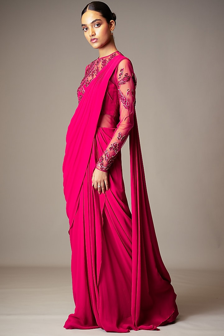 Fuschia Embroidered Wedding Saree Gown Set by Vivek Patel at Pernia's Pop Up Shop
