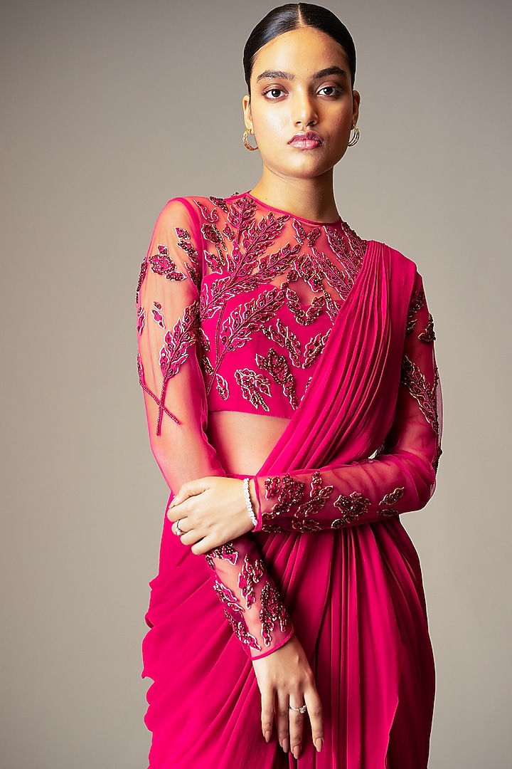 Fuschia Embroidered Wedding Saree Gown Set by Vivek Patel at Pernia's Pop Up Shop