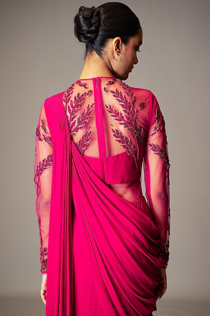 Fuschia Embroidered Wedding Saree Gown Set by Vivek Patel at Pernia's Pop Up Shop