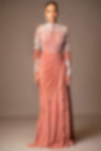 Pink Embroidered Wedding Gown Saree With Ruffles by Vivek Patel at Pernia's Pop Up Shop