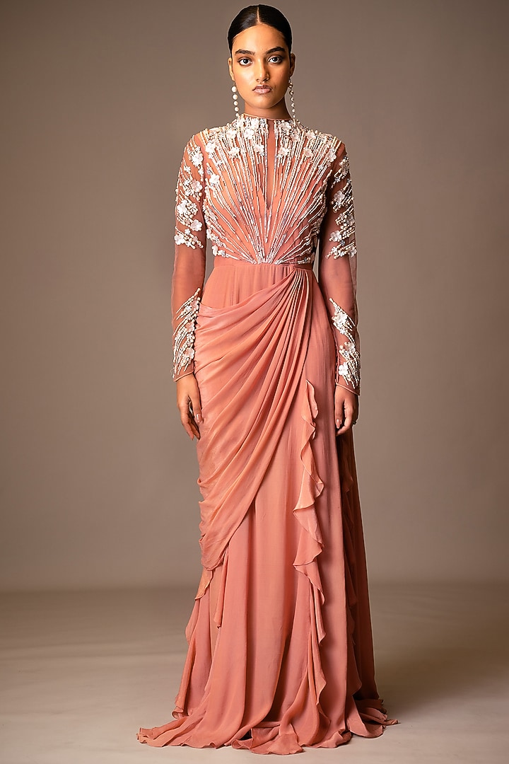 Pink Embroidered Wedding Gown Saree With Ruffles by Vivek Patel at Pernia's Pop Up Shop