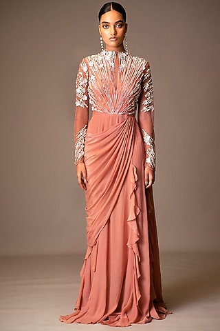 Pink Embroidered Gown Saree With Ruffles by Vivek Patel
