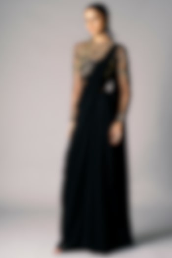 Black Embellished Wedding Saree Gown by Vivek Patel at Pernia's Pop Up Shop