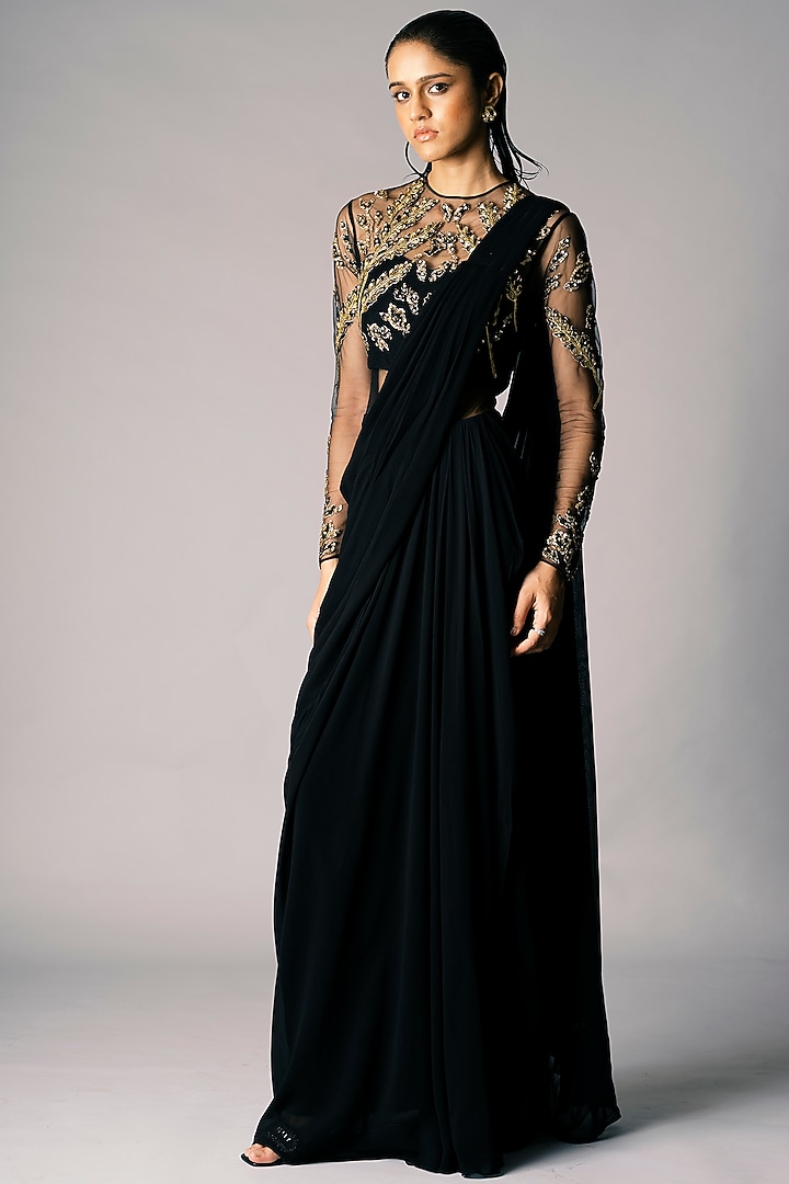 Black Embellished Wedding Saree Gown by Vivek Patel at Pernia's Pop Up Shop