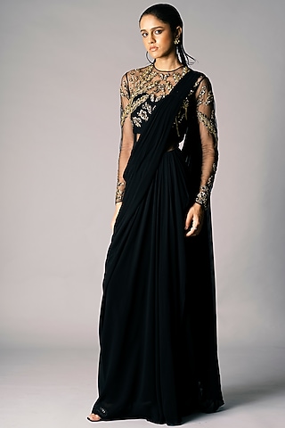 Black Embellished Saree Gown by Vivek Patel