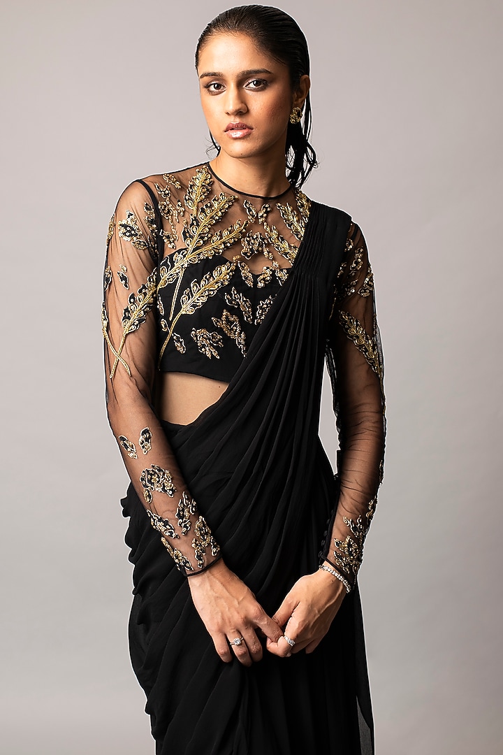 Black Embellished Wedding Saree Gown by Vivek Patel at Pernia's Pop Up Shop