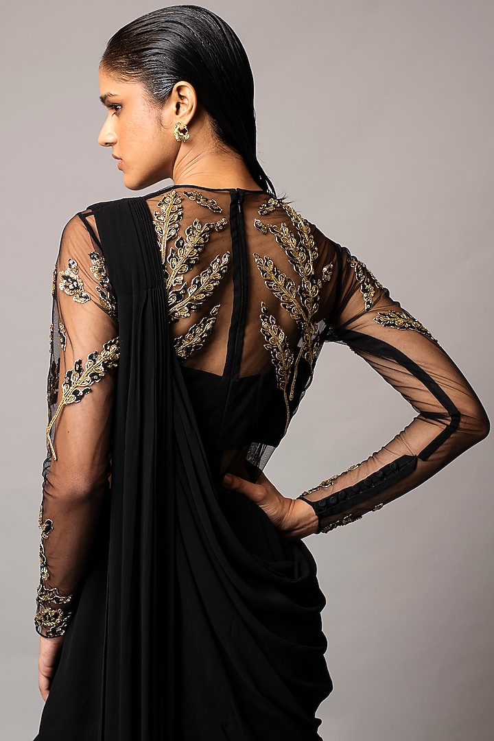 Black Embellished Wedding Saree Gown by Vivek Patel at Pernia's Pop Up Shop