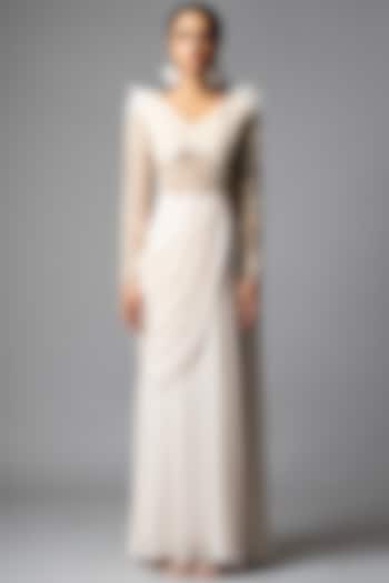 Ecru Embellished Wedding Gown Saree by Vivek Patel at Pernia's Pop Up Shop