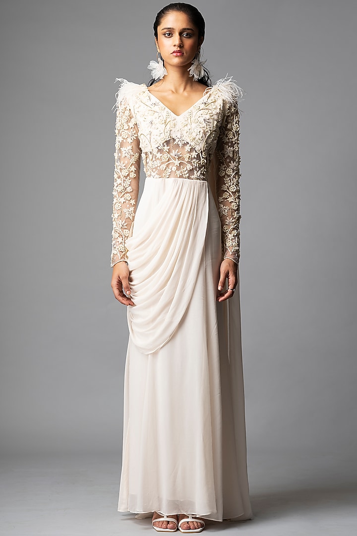 Ecru Embellished Wedding Gown Saree by Vivek Patel at Pernia's Pop Up Shop