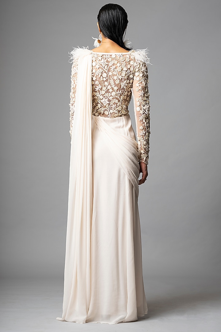 Ecru Embellished Wedding Gown Saree by Vivek Patel at Pernia's Pop Up Shop