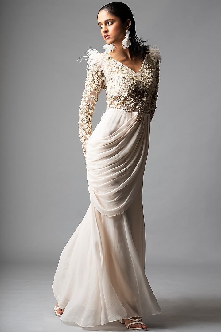 Ecru Embellished Wedding Gown Saree by Vivek Patel at Pernia's Pop Up Shop