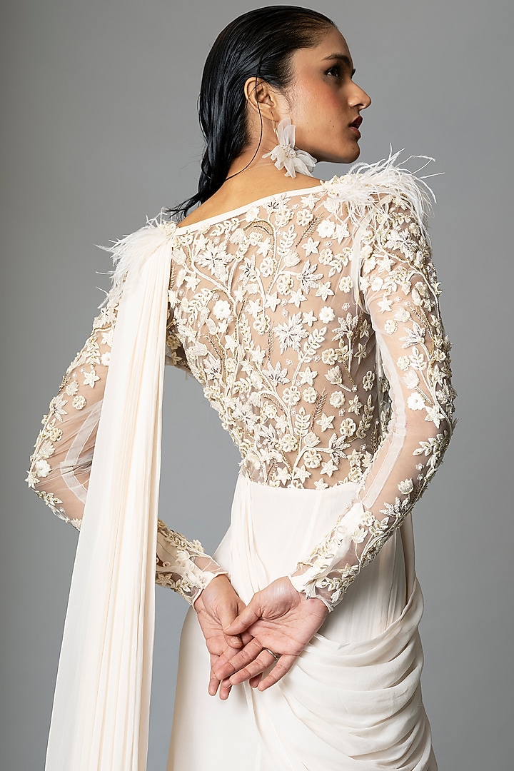 Ecru Embellished Wedding Gown Saree by Vivek Patel at Pernia's Pop Up Shop