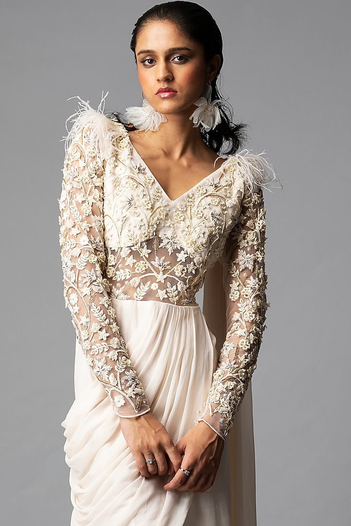 Ecru Embellished Wedding Gown Saree by Vivek Patel at Pernia's Pop Up Shop