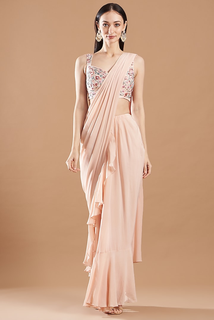 Blush Pink Crepe Pre-Draped Ruffled Saree Set by VIVEK PATEL at Pernia's Pop Up Shop