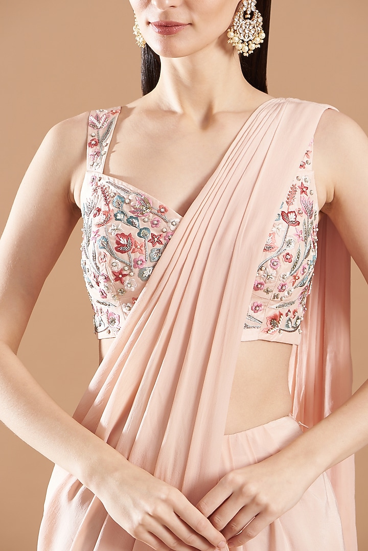 Blush Pink Crepe Pre-Draped Ruffled Wedding Saree Set by Vivek Patel at Pernia's Pop Up Shop