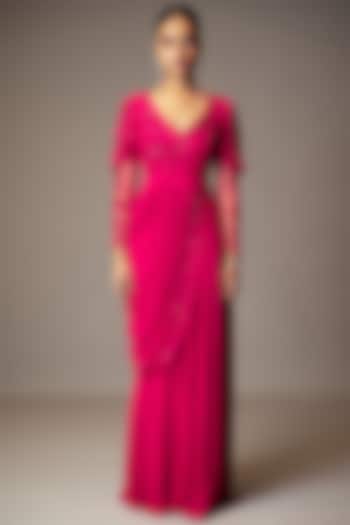 Pink Georgette Bead 3D Embellished Wedding Gown Saree by Vivek Patel at Pernia's Pop Up Shop