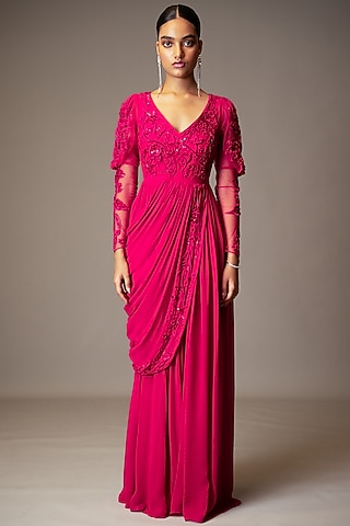 Pink Georgette Bead 3D Embellished Gown Saree by Vivek Patel