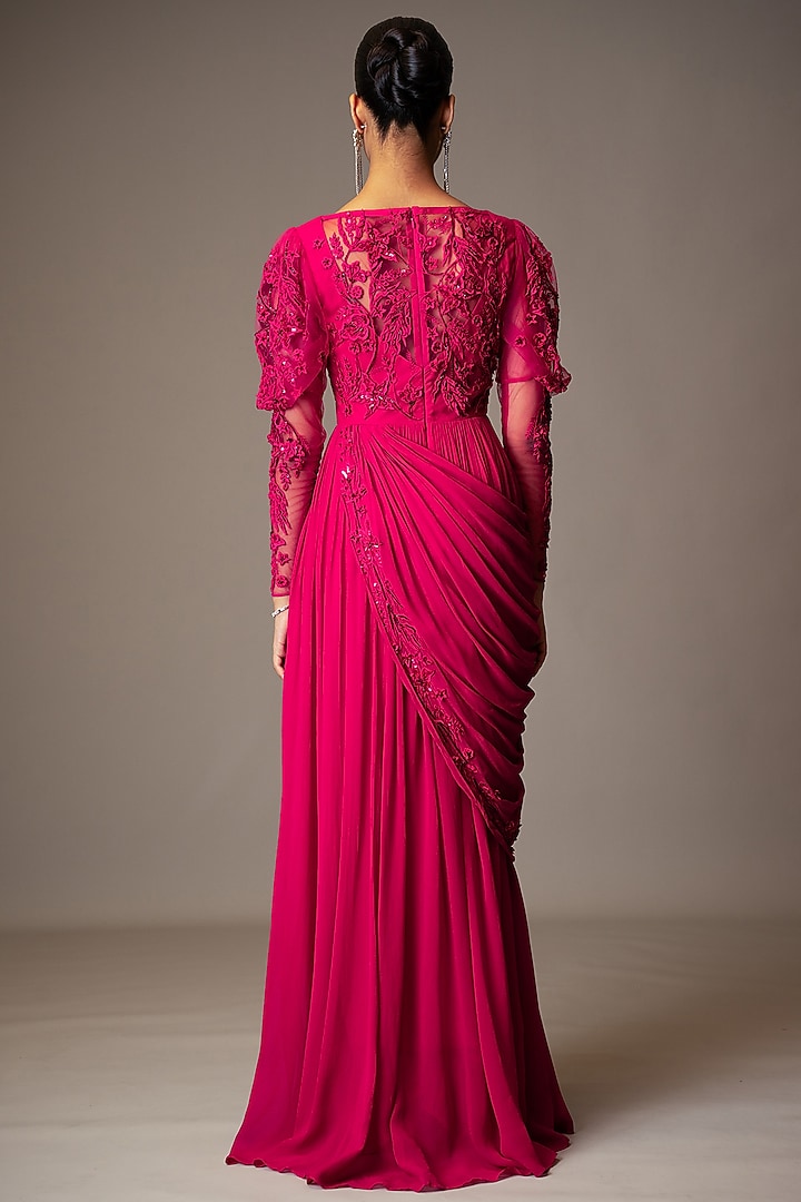 Pink Georgette Bead 3D Embellished Wedding Gown Saree by Vivek Patel at Pernia's Pop Up Shop