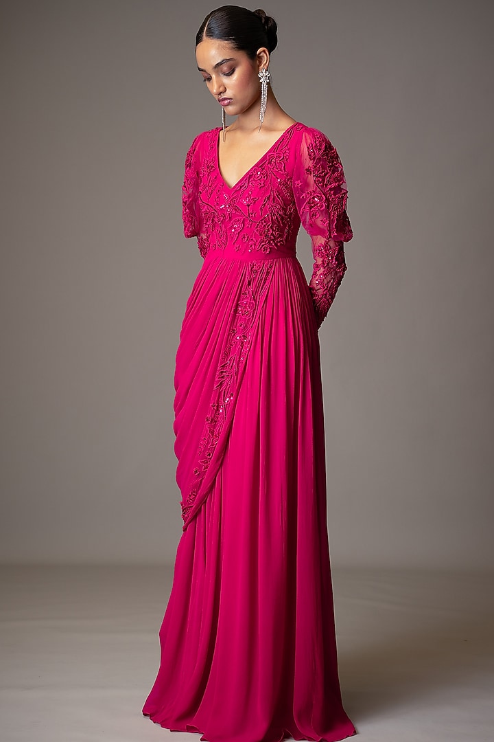 Pink Georgette Bead 3D Embellished Wedding Gown Saree by Vivek Patel at Pernia's Pop Up Shop