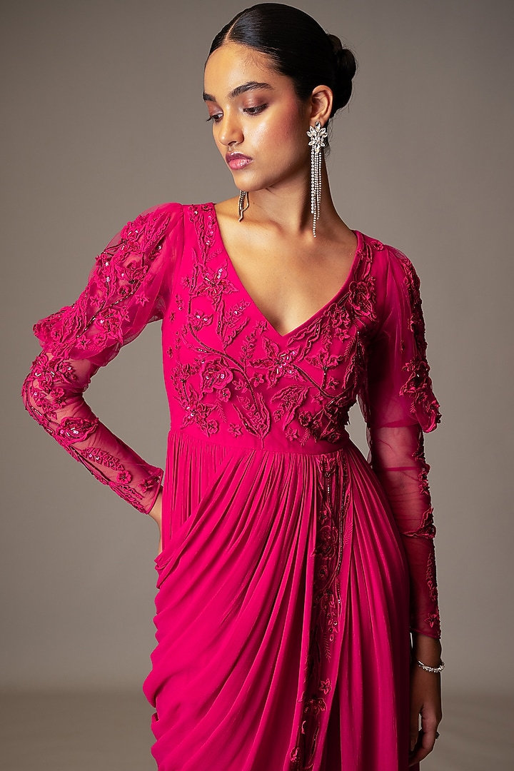 Pink Georgette Bead 3D Embellished Wedding Gown Saree by Vivek Patel at Pernia's Pop Up Shop