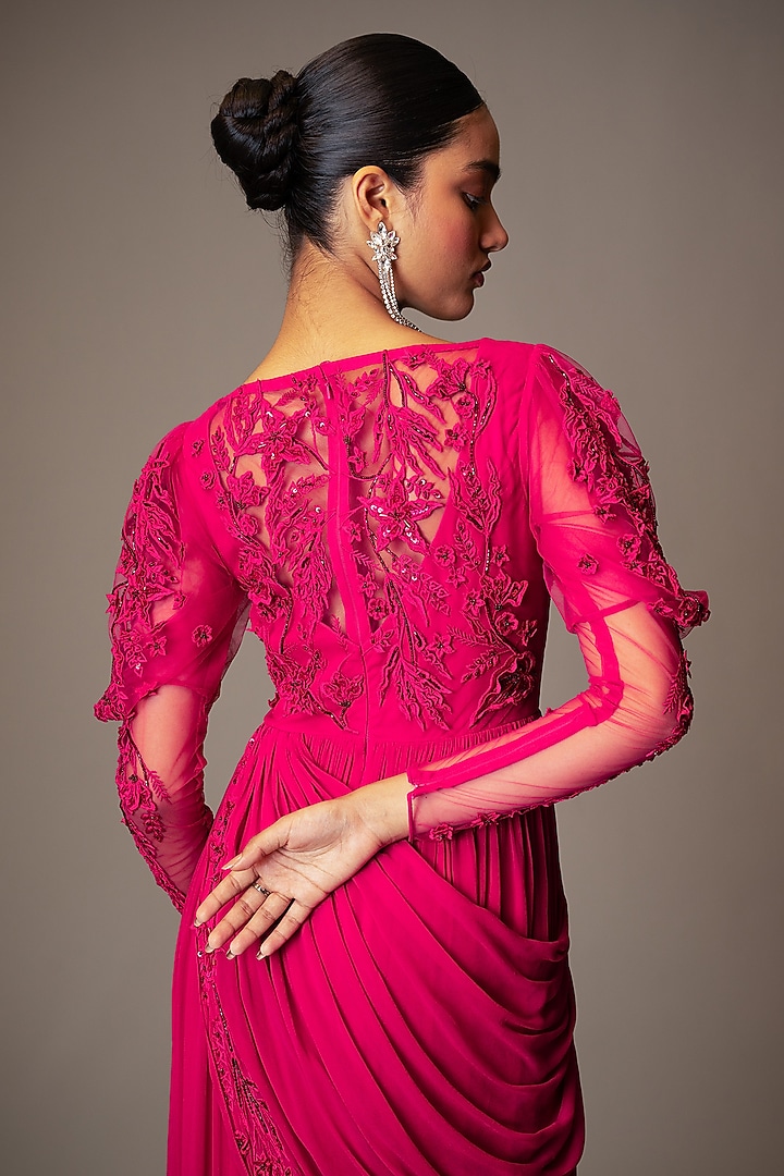 Pink Georgette Bead 3D Embellished Wedding Gown Saree by Vivek Patel at Pernia's Pop Up Shop