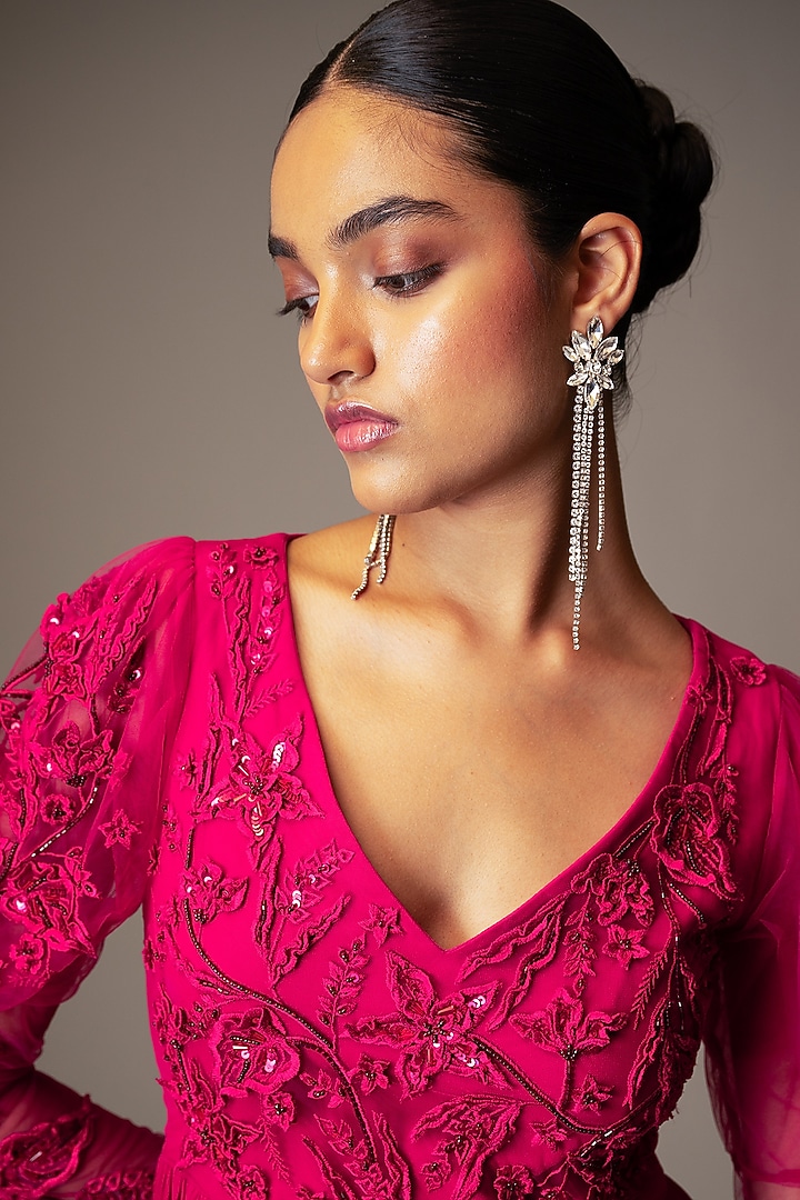 Pink Georgette Bead 3D Embellished Wedding Gown Saree by Vivek Patel at Pernia's Pop Up Shop