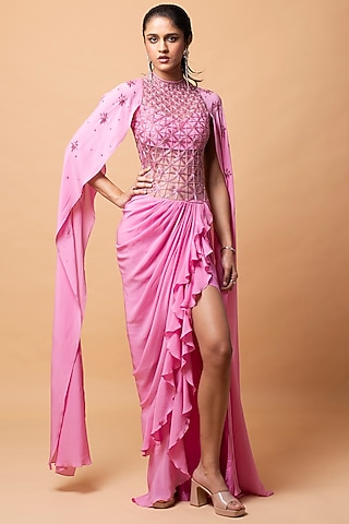 Pink Silk Crepe Cutdana Embellished Gown Saree by Vivek Patel