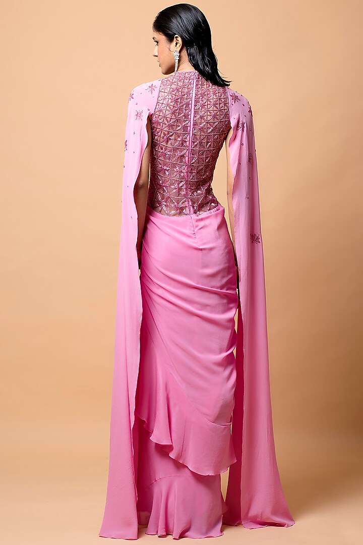 Pink Silk Crepe Cutdana Embellished Reception Gown Saree by Vivek Patel at Pernia's Pop Up Shop