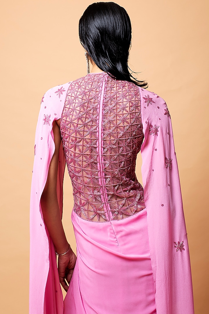 Pink Silk Crepe Cutdana Embellished Reception Gown Saree by Vivek Patel at Pernia's Pop Up Shop
