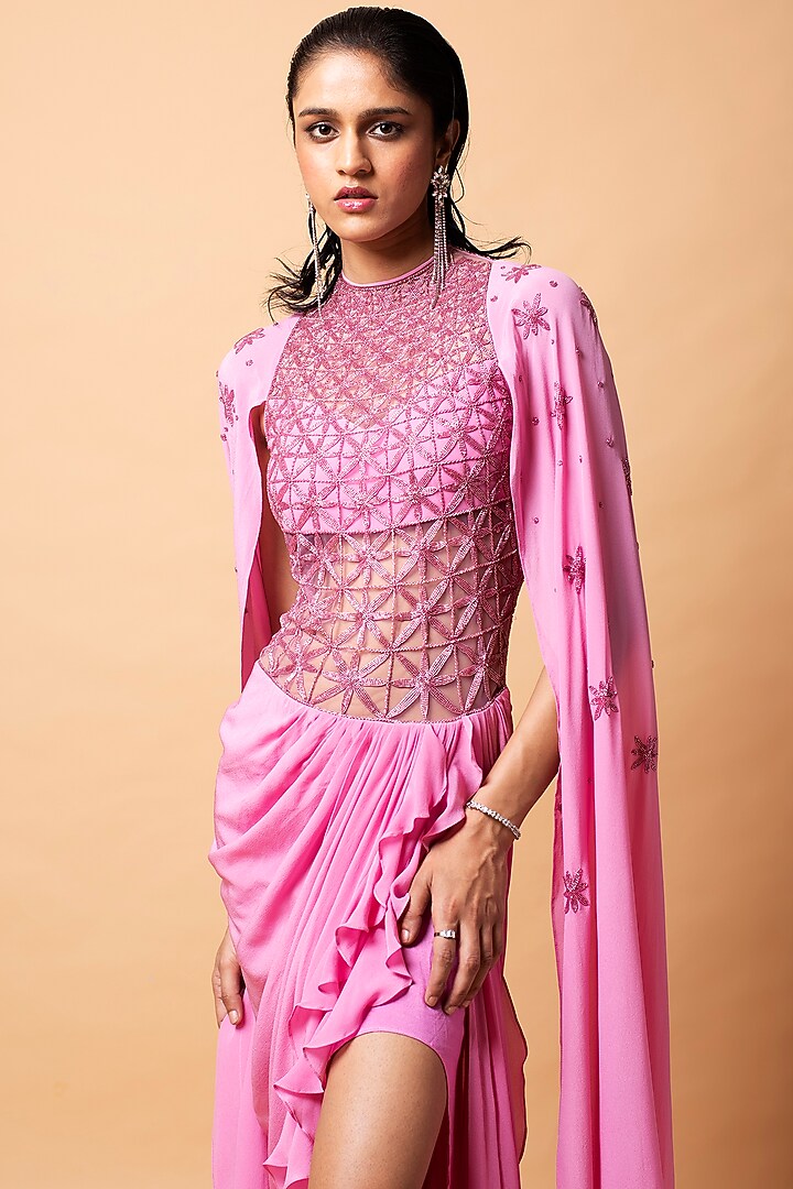 Pink Silk Crepe Cutdana Embellished Reception Gown Saree by Vivek Patel at Pernia's Pop Up Shop