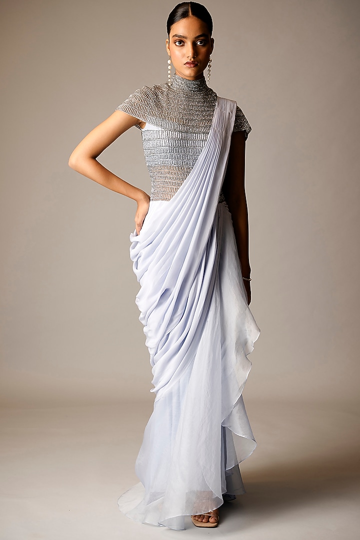 Blue Crepe Glass Beads Embellished Wedding Gown Saree by Vivek Patel at Pernia's Pop Up Shop