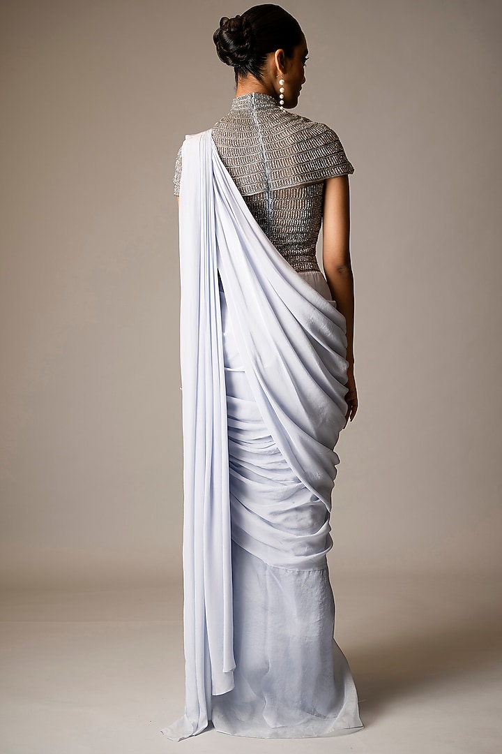 Blue Crepe Glass Beads Embellished Wedding Gown Saree by Vivek Patel at Pernia's Pop Up Shop
