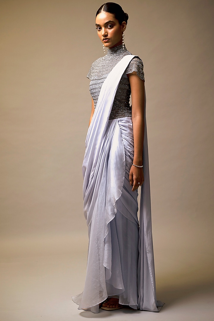 Blue Crepe Glass Beads Embellished Wedding Gown Saree by Vivek Patel at Pernia's Pop Up Shop
