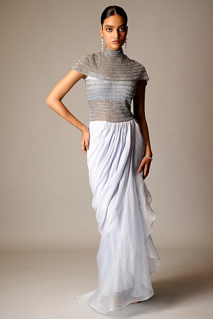 Blue Crepe Glass Beads Embellished Wedding Gown Saree by Vivek Patel at Pernia's Pop Up Shop