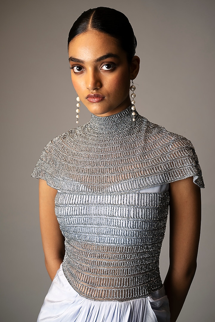 Blue Crepe Glass Beads Embellished Wedding Gown Saree by Vivek Patel at Pernia's Pop Up Shop