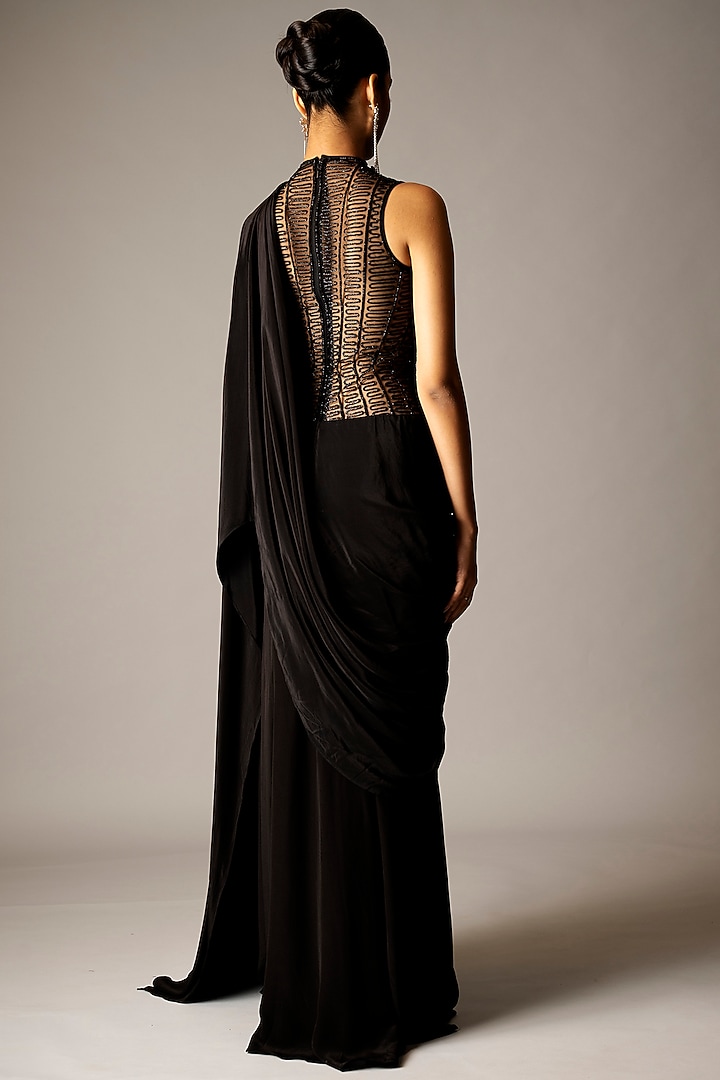 Black Crepe Cutdana Embellished Wedding Gown Saree by Vivek Patel at Pernia's Pop Up Shop